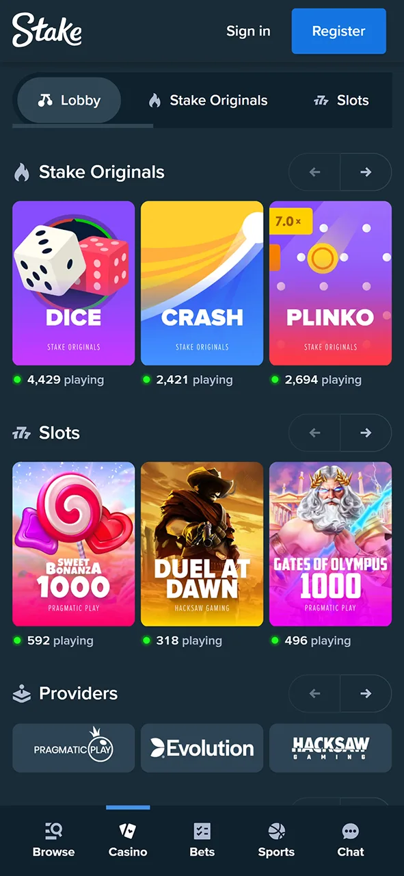 There are plenty of exciting games waiting for you in the Stake casino section.