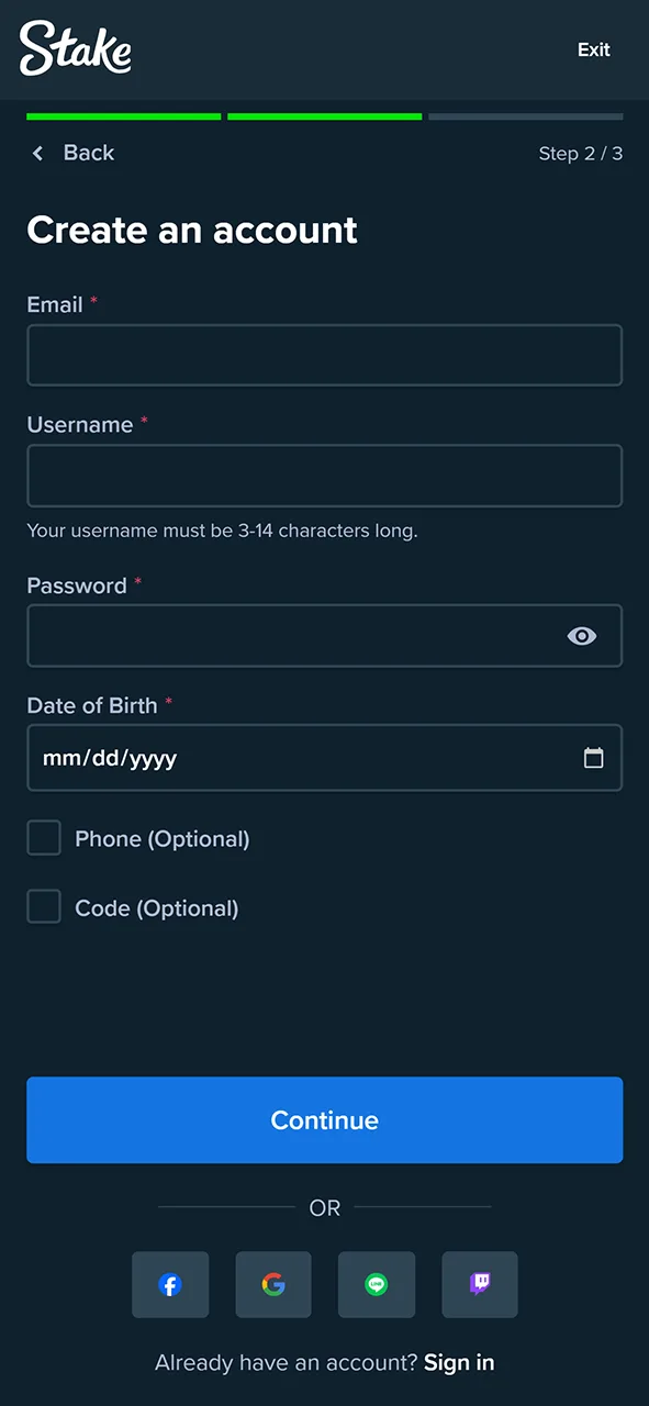 Stake mobile app registration form.