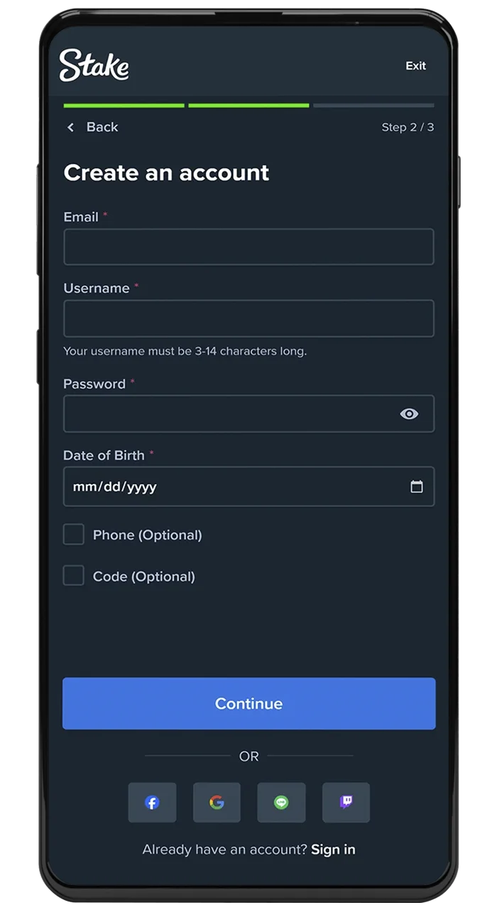 Stake mobile app registration form.